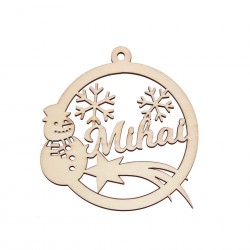 Figurina Glob Blank din Lemn Personalizat - Fulgi Om de Zapada si Stea Cazatoare - 110x105 mm