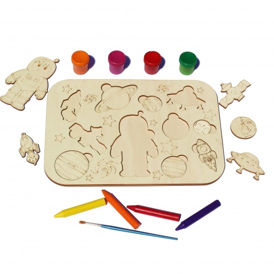Plansa din Lemn pentru Colorat cu Figurine Detasabile - Elemente spatiale