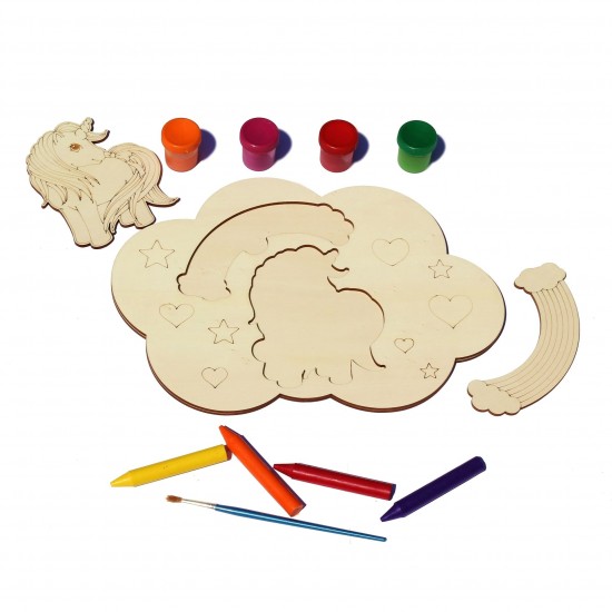 Plansa din Lemn pentru Colorat cu Figurine Detasabile - Norisor cu Unicorn si Curcubeu