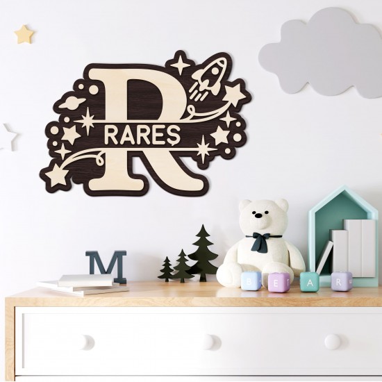 Monograma Personalizata de Perete din Lemn - Baiat - 89x60 cm