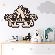 Monograma Personalizata de Perete din Lemn - Fetita - 62x40 cm