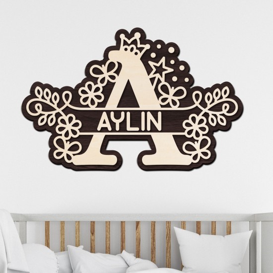 Monograma Personalizata de Perete din Lemn - Fetita - 62x40 cm