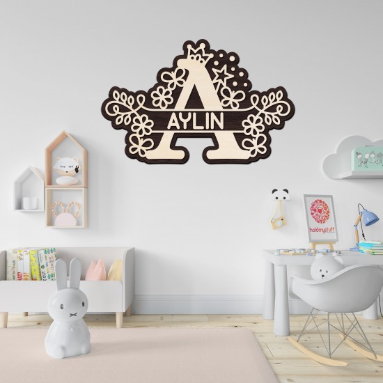 Monograma Personalizata de Perete din Lemn - Fetita - 62x40 cm