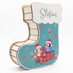 Suport Decorativ Cutie Cizmulita pentru Cadouri Mos Craciun - Mos Nicolae Personalizata cu Nume -  Model Catelusi Albastru si Portocaliu - 25x22x8.5 cm