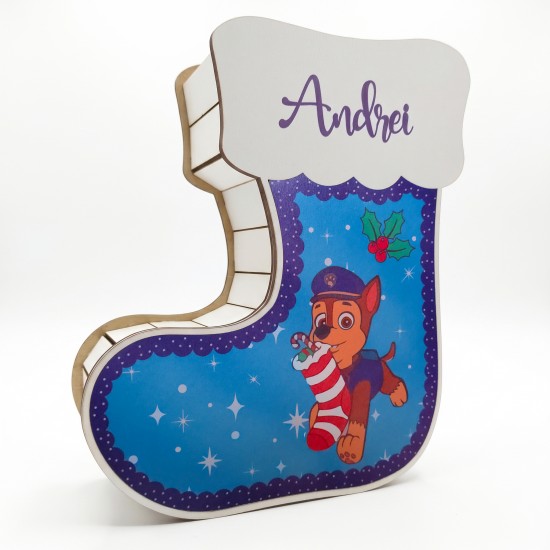 Suport Decorativ Cutie Cizmulita pentru Cadouri Mos Craciun - Mos Nicolae Personalizata cu Nume -  Model Catelus Politist - 25x22x8.5 cm