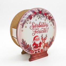 Suport Decorativ - Cutie Glob pentru Aranjamente Florale de Craciun – Personalizata cu Text -  Model Mos Craciun si Ren - 16.5x15x6.5 cm