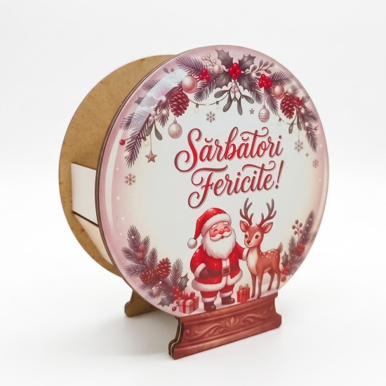 Suport Decorativ - Cutie Glob pentru Aranjamente Florale de Craciun – Personalizata cu Text -  Model Mos Craciun si Ren - 16.5x15x6.5 cm