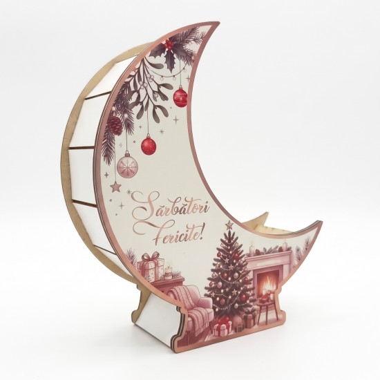 Suport Decorativ - Cutie Semilună pentru Aranjamente Florale de Craciun – Personalizata cu Text -  Model Cozy Room - 22x19x6.5 cm