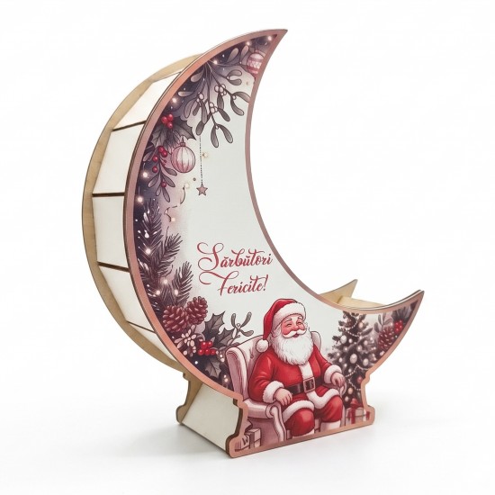 Suport Decorativ - Cutie Semilună pentru Aranjamente Florale de Craciun – Personalizata cu Text -  Model Mos Craciun - 22x19x6.5 cm