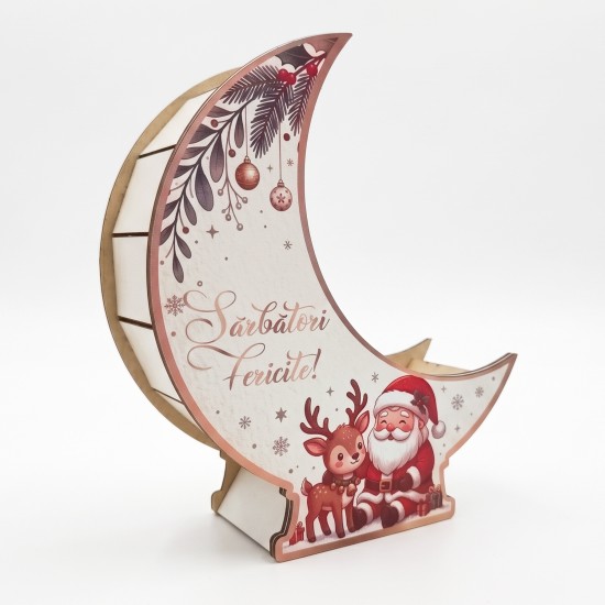 Suport Decorativ - Cutie Semilună pentru Aranjamente Florale de Craciun – Personalizata cu Text - Model Mos Craciun si Ren - 22x19x6.5 cm Suport Decorativ - Cutie Semilună pentru Aranjamente Florale de Craciun – Personalizata cu Text - Model Mos Craciun si Ren - 22x19x6.5 cm