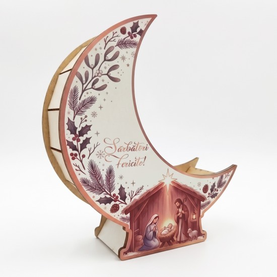 Suport Decorativ - Cutie Semiluna pentru Aranjamente Florale de Craciun – Personalizata cu Text - Model Scena Nasterii - 22x19x6.5 cm Suport Decorativ - Cutie Semiluna pentru Aranjamente Florale de Craciun – Personalizata cu Text - Model Scena Nasterii - 22x19x6.5 cm