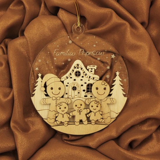Ornament Brad Acril si Lemn - Familie de Turta Dulce - 5 membrii - Personalizat