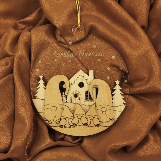 Ornament Brad Acril si Lemn - Familie Gnomi - 5 membrii - Personalizat