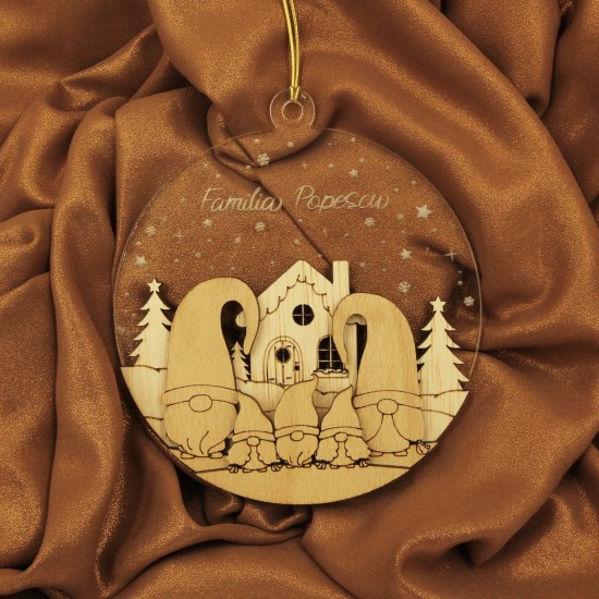 Ornament Brad Acril si Lemn - Familie Gnomi - 5 membrii - Personalizat
