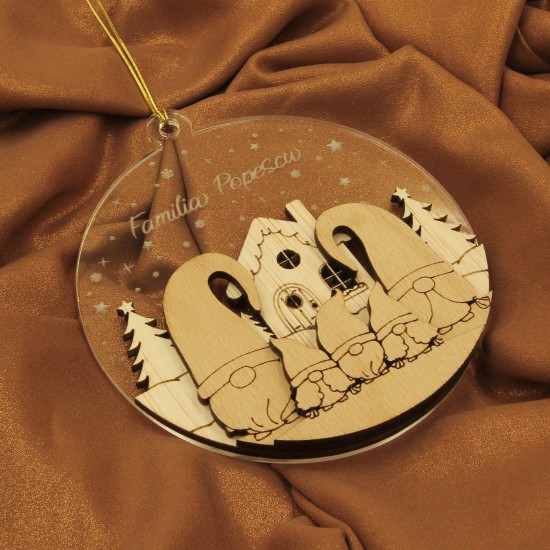 Ornament Brad Acril si Lemn - Familie Gnomi - 5 membrii - Personalizat