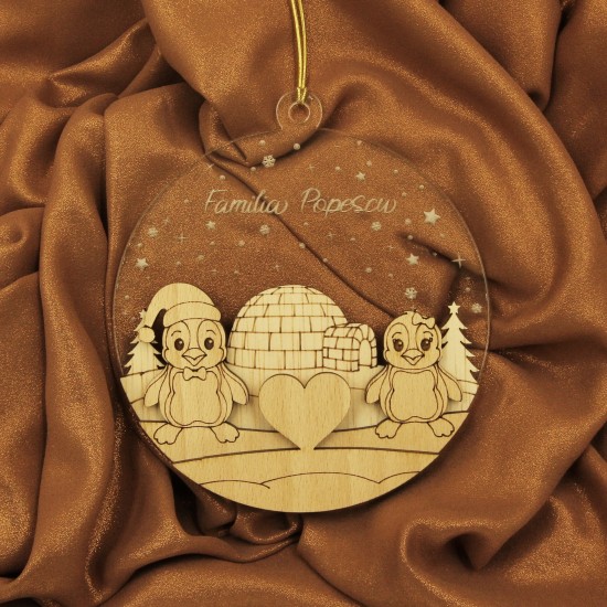 Ornament Brad Acril si Lemn - Familie Pinguini - Cuplu - Personalizat