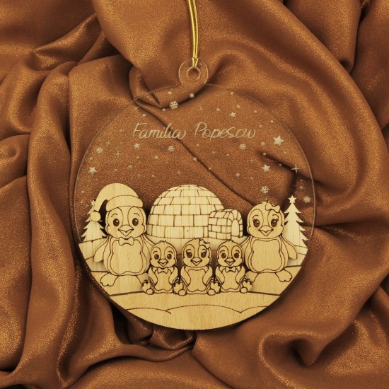 Ornament Brad Acril si Lemn - Familie Pinguini - 5 membrii - Personalizat