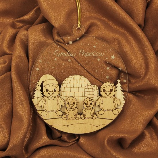 Ornament Brad Acril si Lemn - Familie Pinguini - 4 membrii - Personalizat