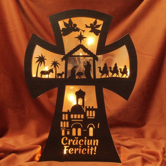 Decoratiune Luminoasa - Cruce Scena Nasterii -  Personalizata - Wenge