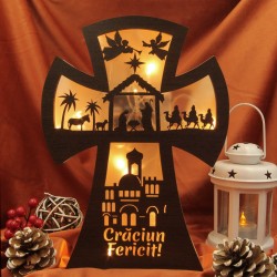 Decoratiune Luminoasa - Cruce Scena Nasterii -  Craciun Fericit - Wenge