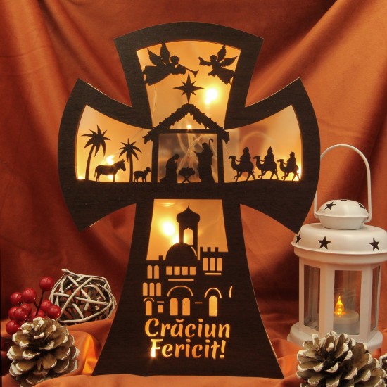 Decoratiune Luminoasa - Cruce Scena Nasterii -  Personalizata - Wenge
