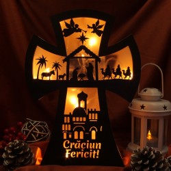 Decoratiune Luminoasa - Cruce Scena Nasterii -  Craciun Fericit - Wenge