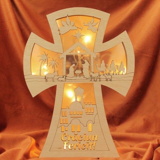 Decoratiune Luminoasa - Cruce Scena Nasterii -  Craciun Fericit