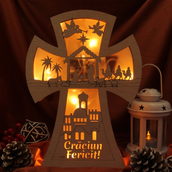 Decoratiune Luminoasa - Cruce Scena Nasterii -  Craciun Fericit