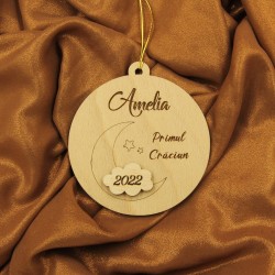 Ornament Brad Lemn - Semiluna printre Nori- Personalizat
