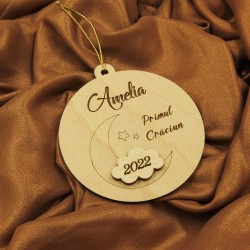 Ornament Brad Lemn - Semiluna printre Nori- Personalizat