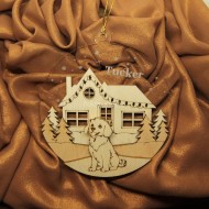 Ornament Brad Acril si Lemn - Peisaj Iarna cu Caine - Personalizat