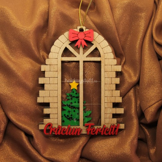 Ornament Brad Acril si Lemn - Fereastra Craciun Funda Pictata - Personalizat