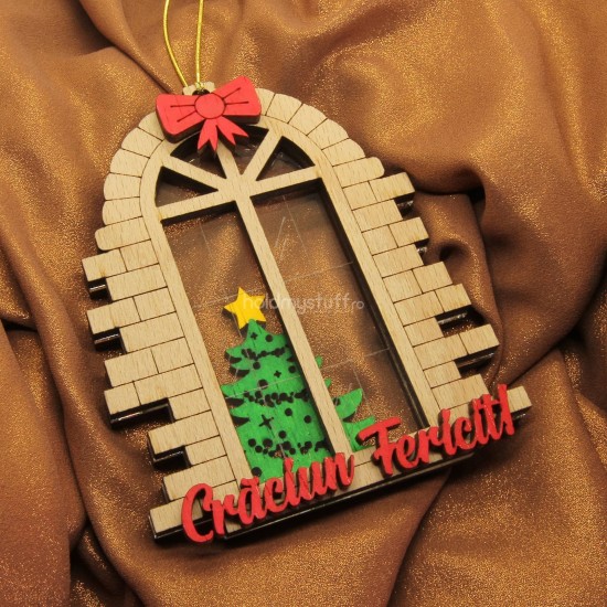 Ornament Brad Acril si Lemn - Fereastra Craciun Funda Pictata - Personalizat