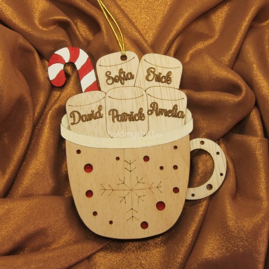 Ornament Brad Lemn - Ceasca Ciocolata Calda cu Bezele - 5 membrii - Personalizat Ornament Brad Lemn - Ceasca Ciocolata Calda cu Bezele - 5 membrii - Personalizat
