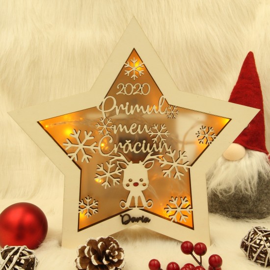 Decoratiune Luminoasa -  Steluta - Primul meu Craciun - Ren -  Personalizata