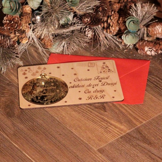 Felicitare Craciun din Lemn cu Ornament Brad - Personalizata