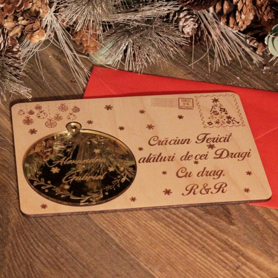 Felicitare Craciun din Lemn cu Ornament Brad - Personalizata