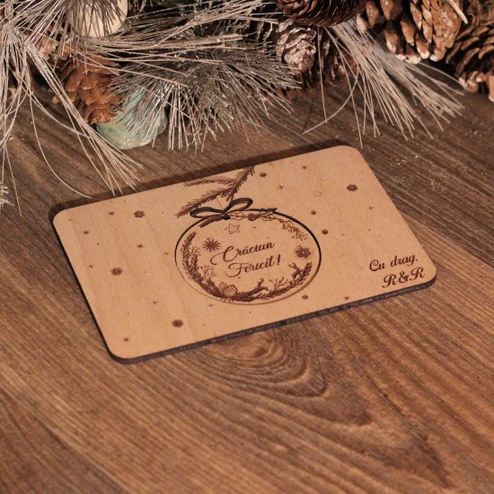 Felicitare din Lemn cu Ornament Brad - Craciun Fericit 