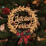 Coronita din Lemn - Craciun Fericit cu Sclipici - 25 cm